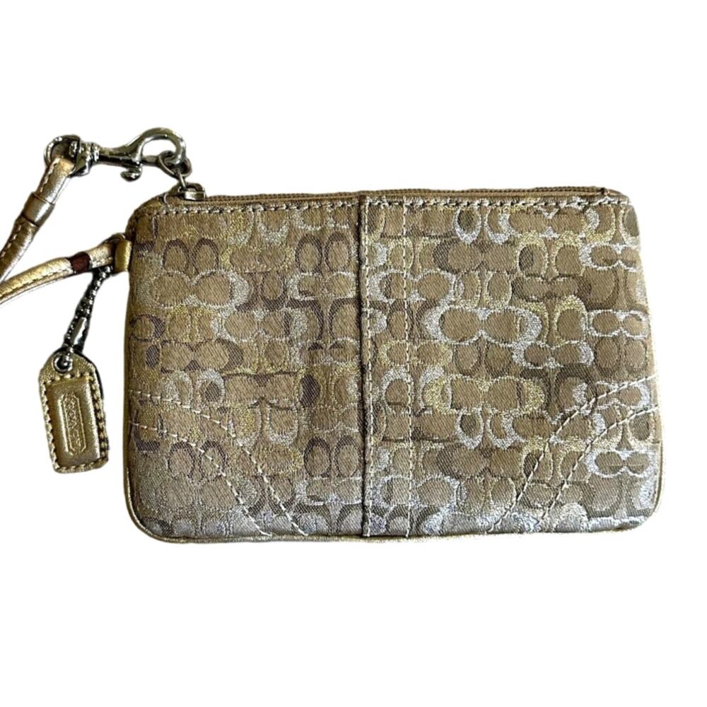 Coach Gold And Silver Metallic Signature Tan Canvas Wristlet Purple Interior EUC